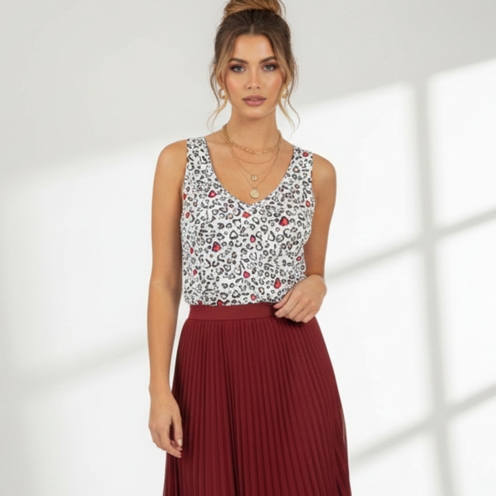 Cupio Leopard Heart Print V Neck Sleeveless Tank Top